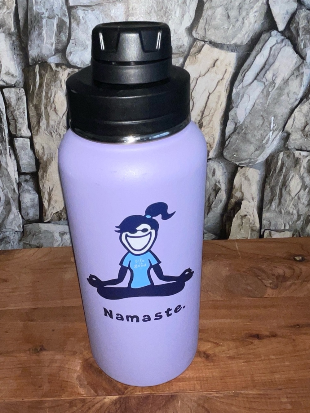 LIFE IS GOOD 32 oz WIDE STAINLESS STEEL WATER BOTTLE "NAMASTE". Purple